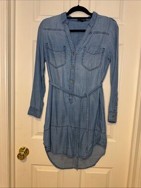Aqua Light Blue Chambray Shirt Dress with Tie Waist